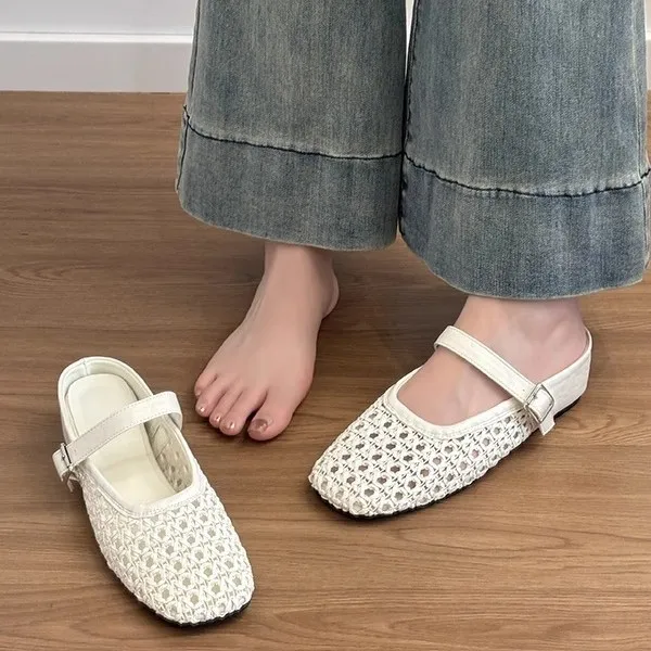 White Hollow Crochet Mary Jane Mule Slippers Women Adjustable Buckle Strap Square Toe Breathable Backless Flat Shoes