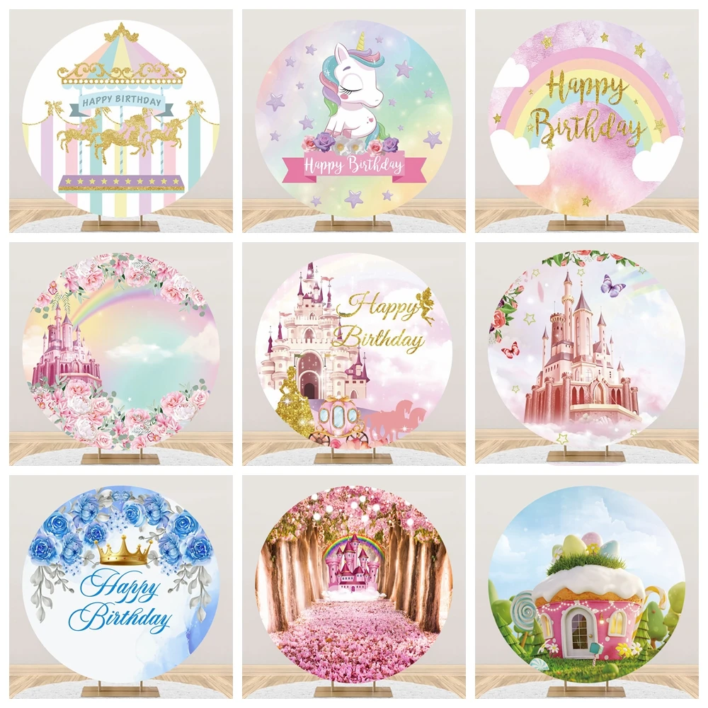 Pink Princess Castle Round Photo Backdrops Butterfly Flower Birthday Party Baby Child Backgrounds Photocall for Photo Studio