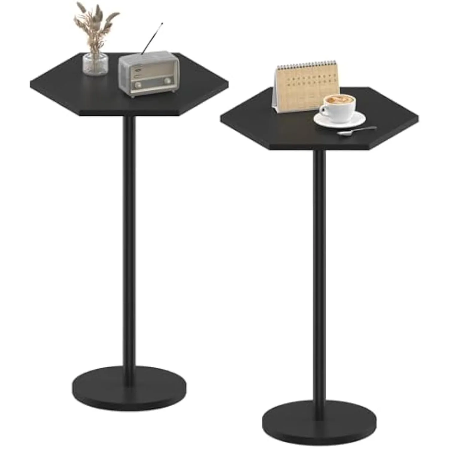 

2-Piece Black Hexagon Pedestal Coffee/End Drink Table Set, 24.4'' Tall, Space-Saving for Small Spaces & Multi-Room Use