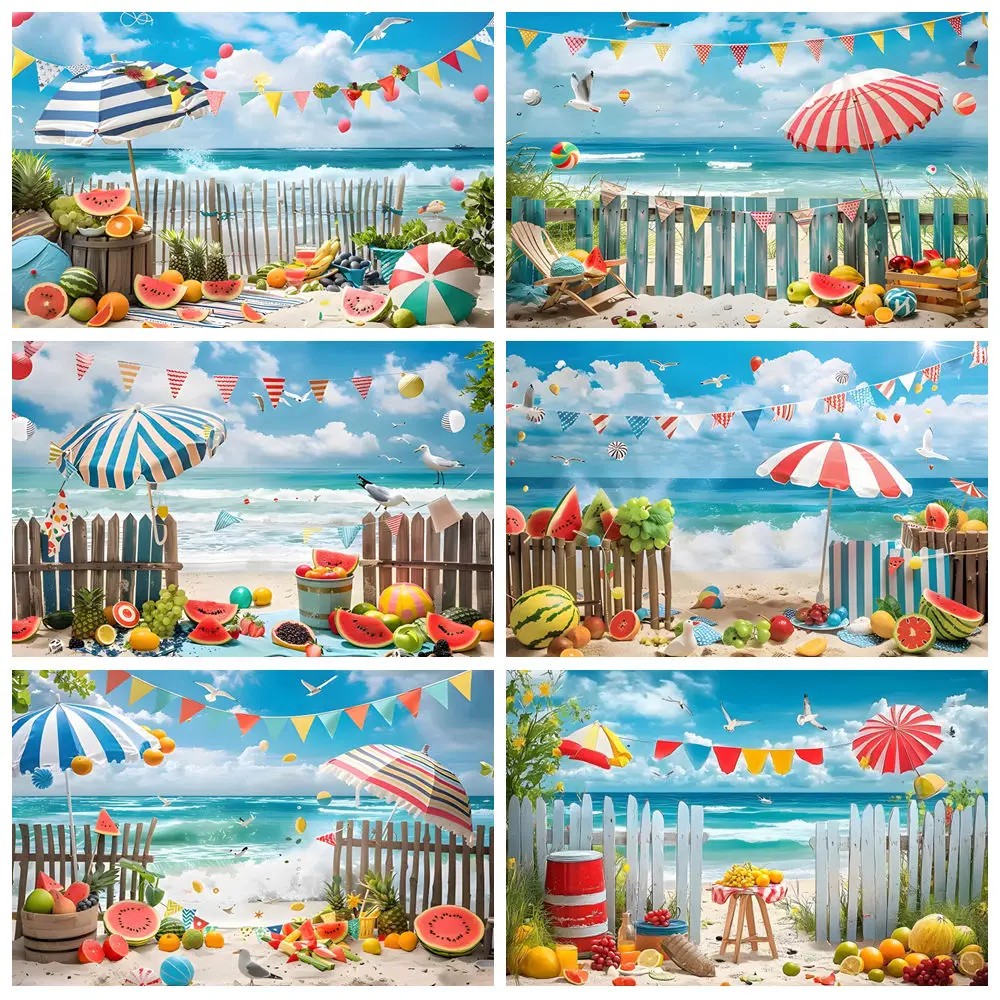 

Summer Beach Birthday Photography Background Seaside Fruit Watermelon Parasol Ball Vacation Party Decor Baby Adult Photo Studio