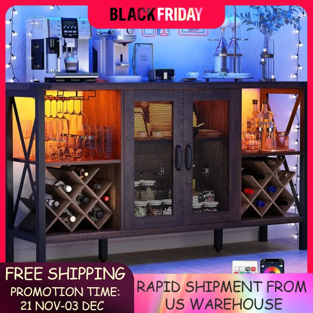 55" Industrial LED Bar Cabinet W/Outlet& 16,000 Color Lights,Rustic Liquor Coffee Bar W/Removable Wine Rack,Bar Cabinets