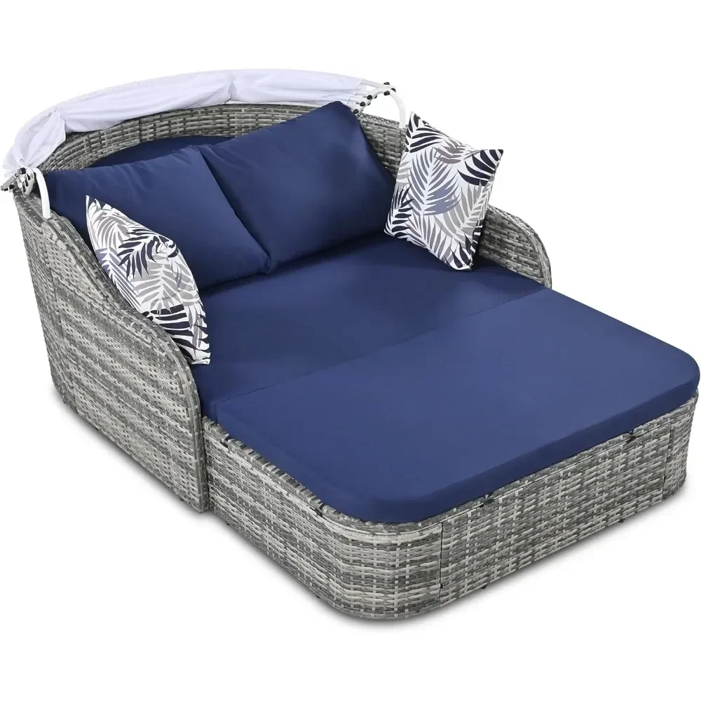 Outdoor Patio Sunbed Daybed with Adjustable Canopy, PE Wicker Rattan Double Chaise Lounger with Cushions, Pillows, Sun Loungers