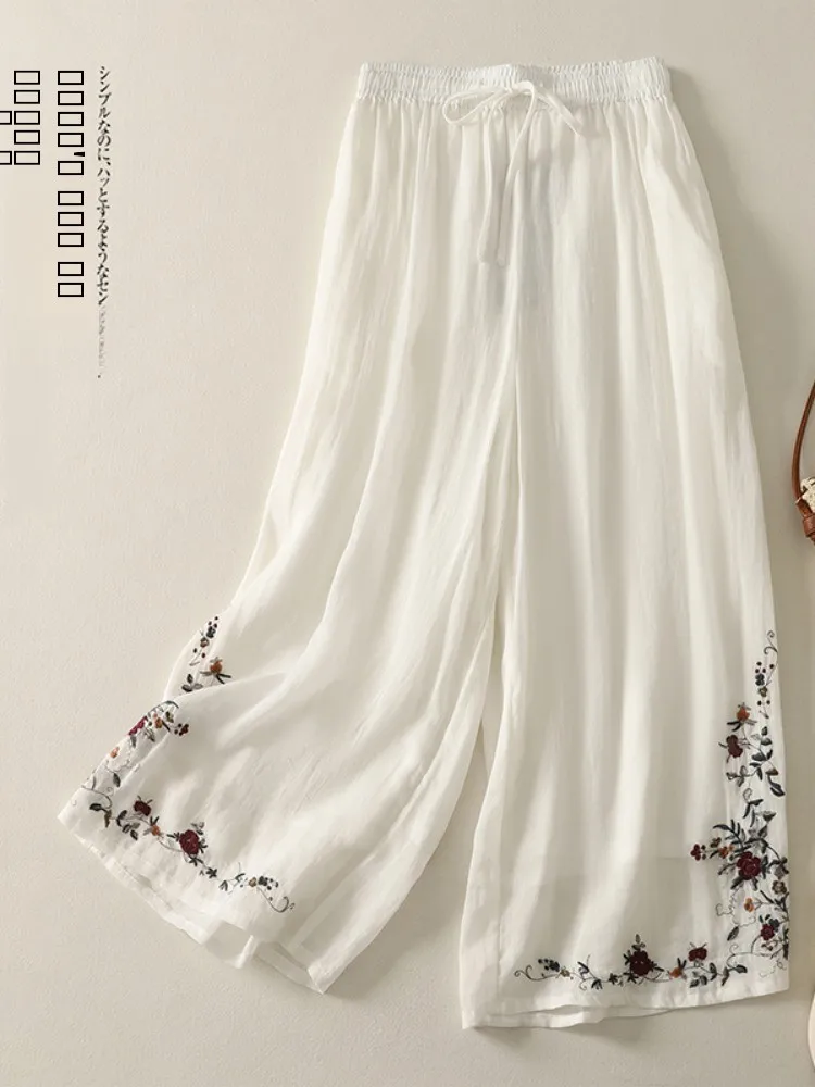 

Женские широкие брюки Ele с вышивкой, с высокой талией, из хлопка и льна, повседневные, в новом китайском стиле, двухслойные, свободного кроя, летние