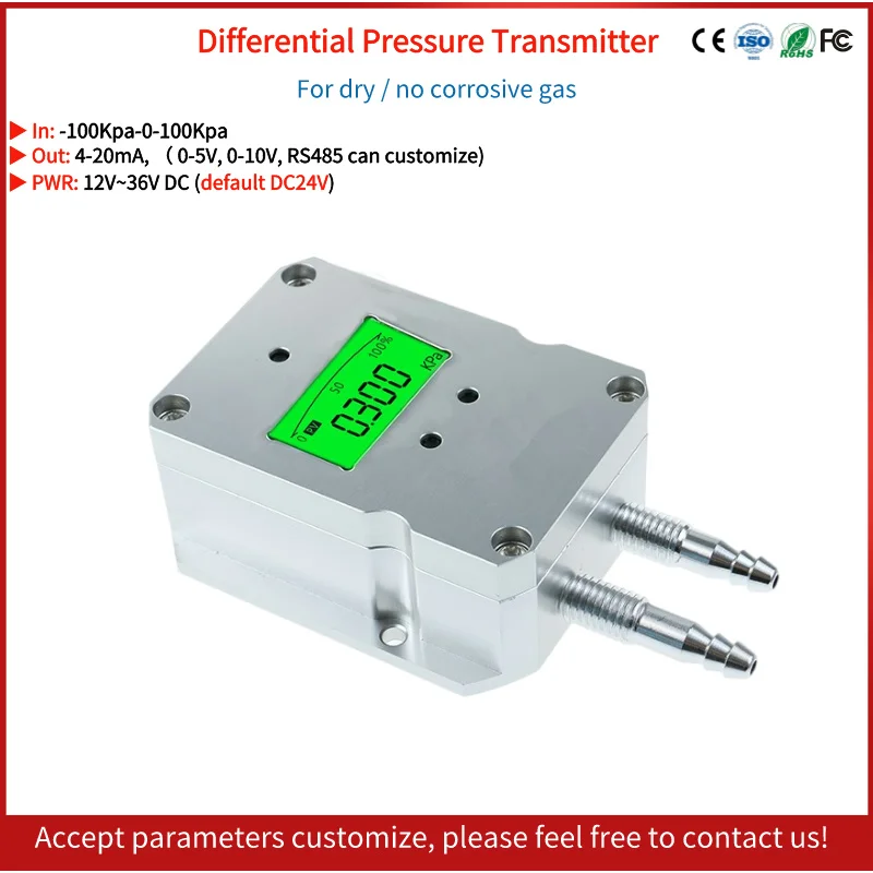 

4-20mA LCD Digital Micro Air Differential Pressure 0-5V 10 Kpa 50Kpa Wind Gas Pneumatic Differential Pressure Transmitter