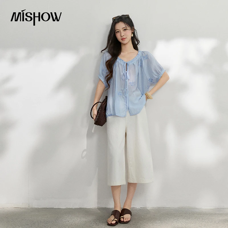 MISHOW Blue Embroidered Lace Up Shirt For Women New Summer 2026 Loose Romantic French Retro Gentle Lightweight Top MXF25X2663