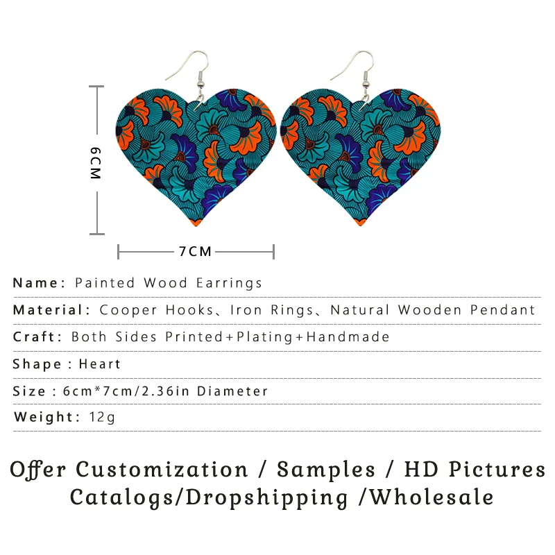 Voikukka Jewelry Heart Shape Pendant Africa Ethnic Fabric Pattern Both Sides Print Wooden Dangle Earrings For Women Gifts