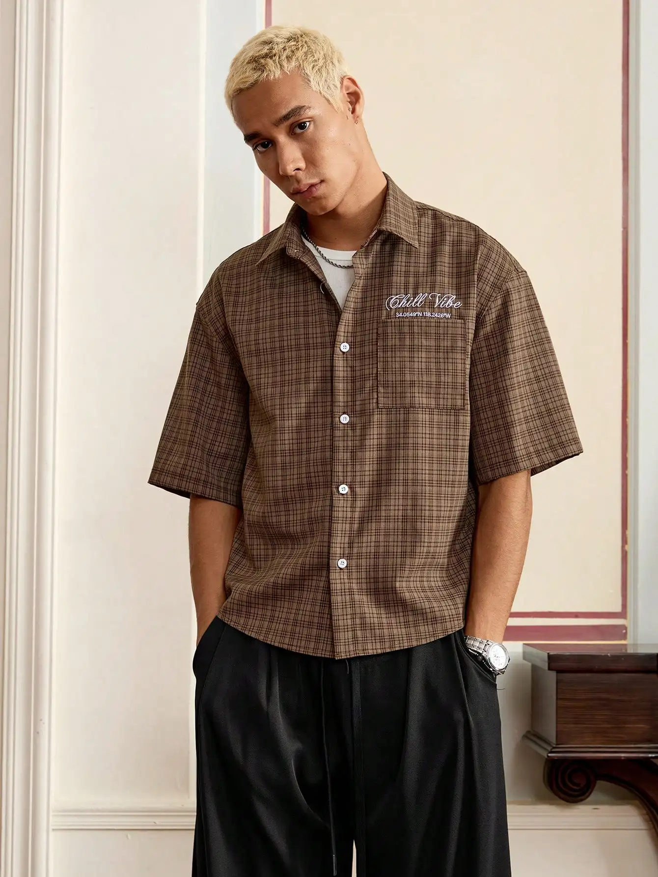 

Men's Brown Plaid Woven Short Sleeve Loose Fit Casual Shirt