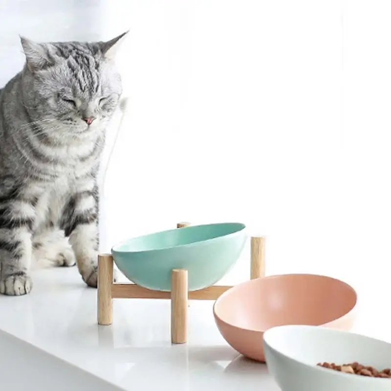 Raised Tilted Cat Bowl Spill Proof Ceramic Dog Dishes Anti Vomit Pet Bowl With Wood Stand Non Slip Dog Food Container For