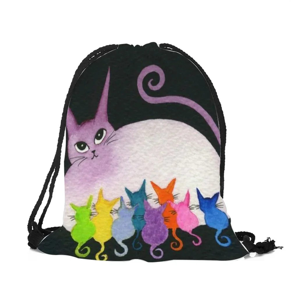 Customize Cute Cartoon Kitten Puppy Printing Drawstring Bags with Double Sides for Woman Man School Travel Use String Backpack