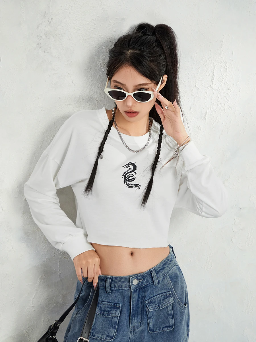 wsevypo Dragon Totem Print Cropped Sweatshirts Women's Casual Baggy Pullovers Autumn Streetwear Long Sleeve Crew Neck Tops