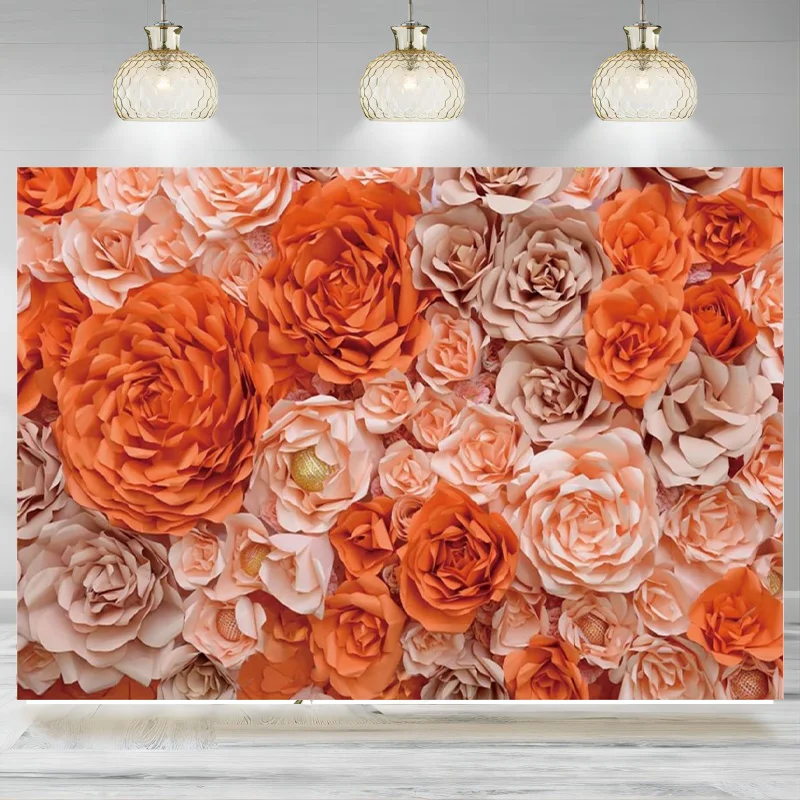 Orange Rose Backdrop Party Floral Paper Flower Wall Photography Background Mother's Day Birthday Bridal Shower Decoration Banne