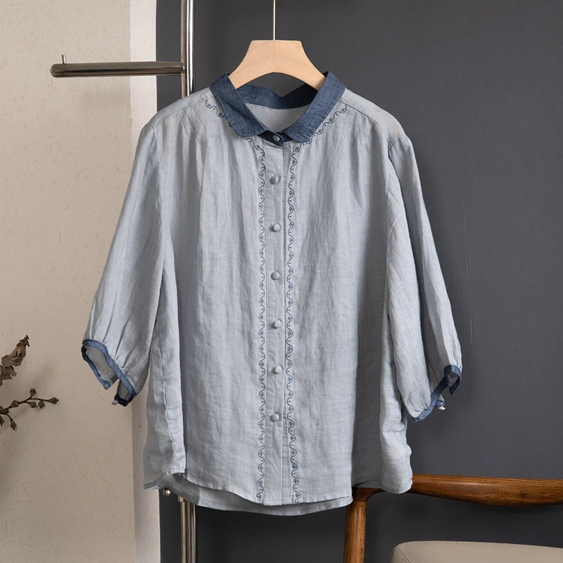 

100% Ramie Women Casual Shirt New Arrival 2026 Summer Vintage Style Turn-down Collar Embroidery Loose Female Tops Shirts M2712