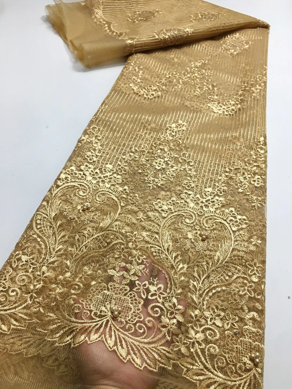 Gold African Beaded Lace Fabric 2023 Embroidered Nigerian Lace Fabrics Bridal High Quality French Net Lace Fabric 5 yards M4885