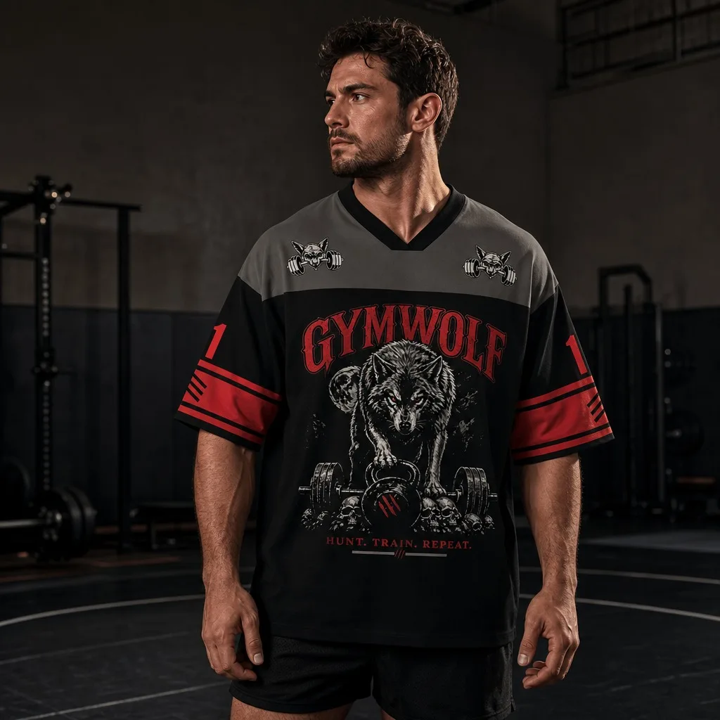 Men's Color Blocked V-neck Sports Shirt Short Sleeved Wolf Dumbbell Fitness Pattern Printed Oversized Loose Fitness Street Top