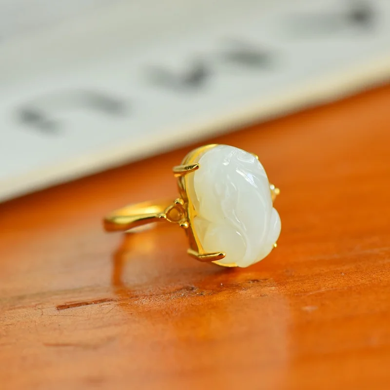 

Hetian White Pixiu S925 Серебряное нефритовое кольцо с инкрустацией, регулируемое открытое кольцо для привлечения богатства