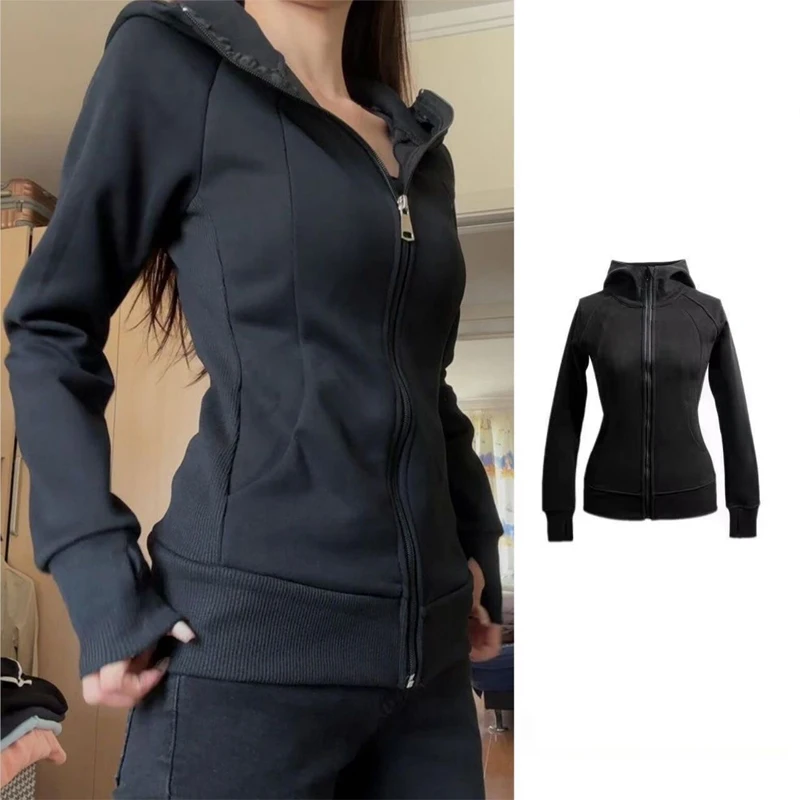 

Женская черная приталенная толстовка с капюшоном, новинка 2025 года, спортивная куртка на молнии, однотонный спортивный кардиган, осенне-весенний спортивный костюм, топ