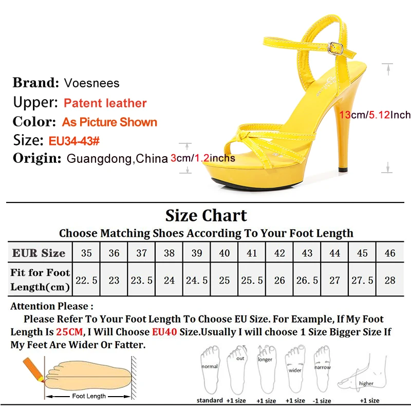 13CM Thin Heeled Summer Shoes For Women Sexy Narrowband Platform Sandals Yellow Buckle Strap High Heels Plus Size 43 Sandalias