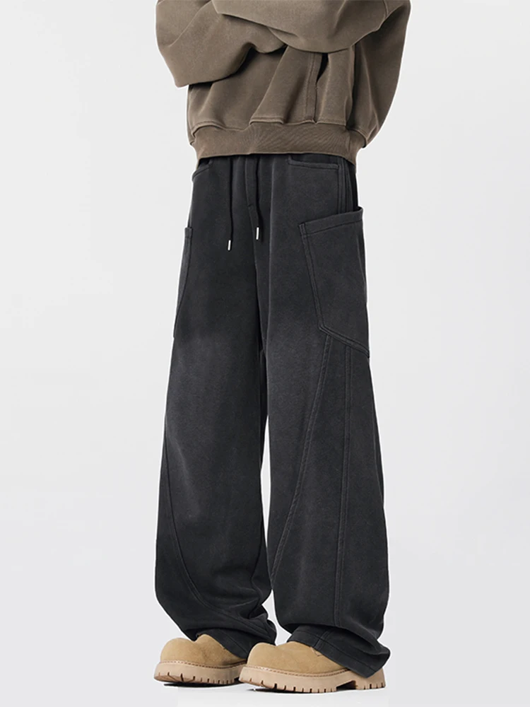 

Retro American Workwear Wide Leg Pants Men's Autumn Winter Deconstructed Patchwork Straight Casual Sports Trousers