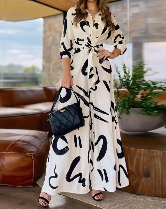 

Women's Fashion Wide Leg Jumpsuits New Abstract Print Turn-Down Collar Long Sleeve Tied Detail Shirred Jumpsuit Elagant Overalls