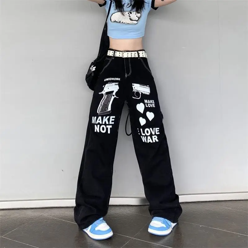 

Streetwear Fashion Women Black Wide Leg Jeans Spring Autumn Hip Hop Print Pants High Waist New Female Chic Casual Loose Trousers