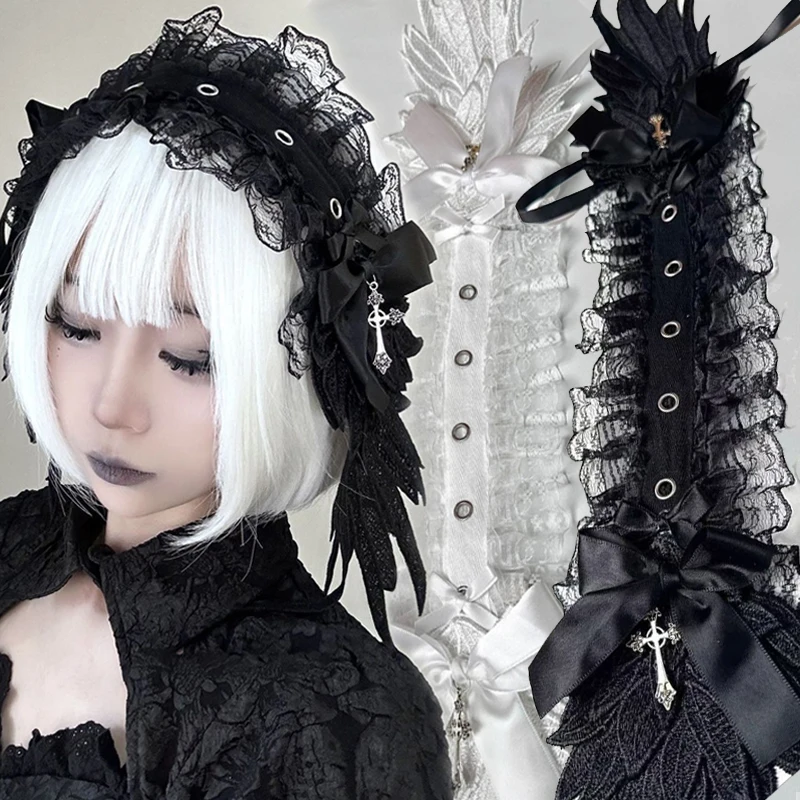 

Wide Lace Ruffle Angel Wings Headband Gothic Lolita Cosplay Headwear New White Black Lace Flounce Fold Bowknot Hair Accessories