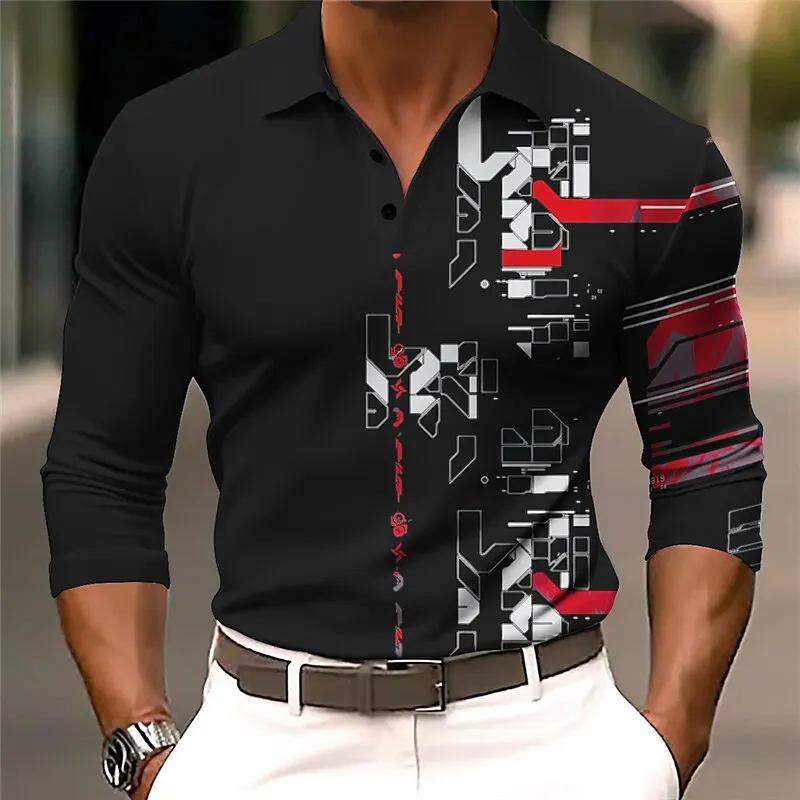 

Youthful Vitality Men Fashion Button Polos T-Shirts Spring Autumn Long Sleeve 3D Print Street Tee 6XL Plus Size Casual POLO Tops
