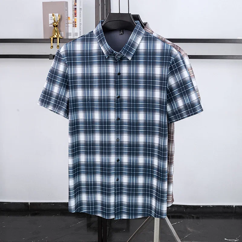 

Mens Plaid Pattern Short Sleeve Shirt Loose Fit Casual Business Button Up Lapel Collar Soft Breathable Fabric For Daily Office