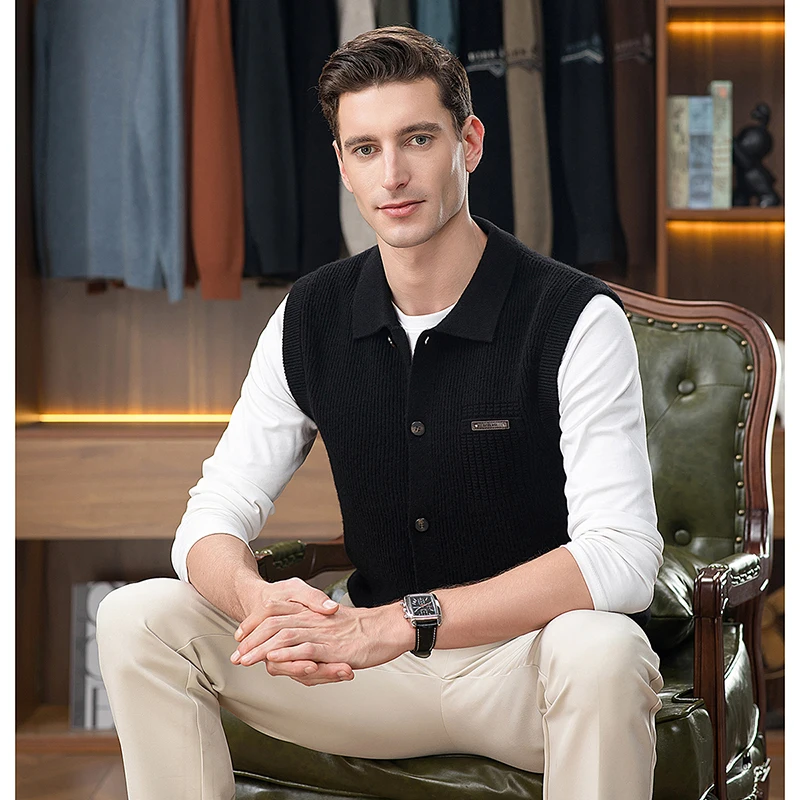 100% Sheep Wool Cardigan 2025 Autumn Trendy Men Single Breasted Knit  Vest Sleeveless Cashmere Wool Sweater Male Knit Waistcoat view 2