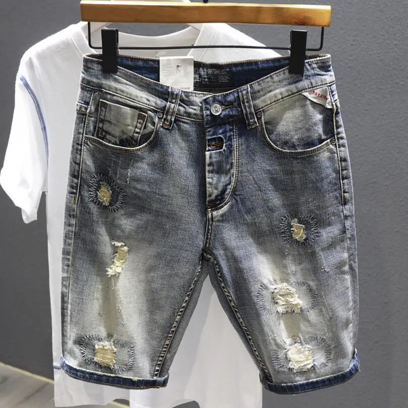 Men Gray Denim Shorts Holes Jeans Elastic Casual Shorts High Quality Male Stretch Cotton Denim Jeans Shorts Knee Length Jeans