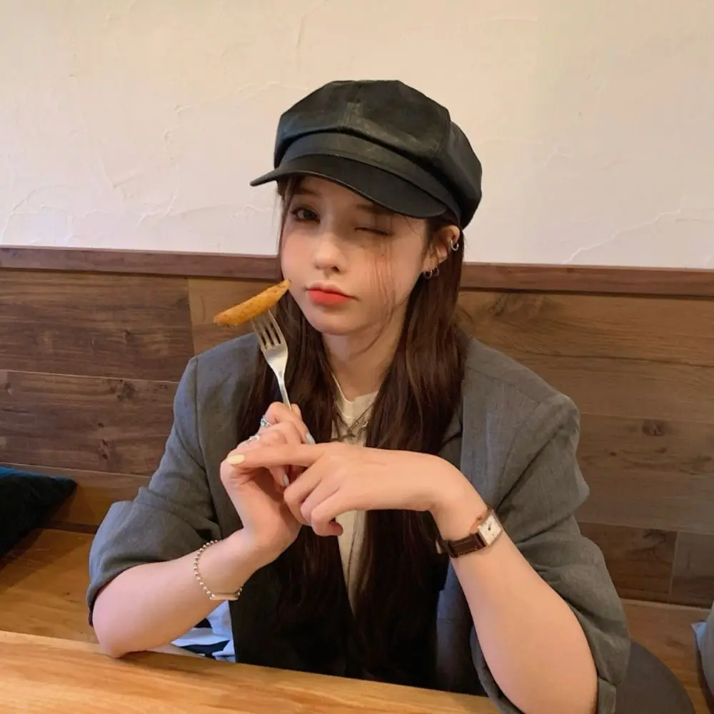 

Casual Y2K PU Beret British Korean Style Painter Hat Newsboy Cap Artist Hat Octagonal Cap Girl