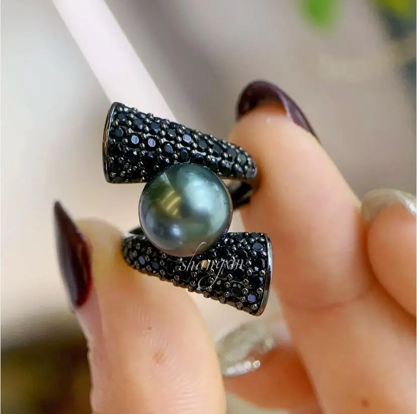 

stunning 10-11mm tahitian round black green pearl ring 925s