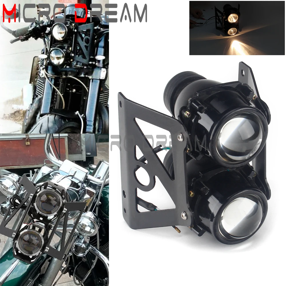 Motorcycle Dual Double Twin Light Streetfighters Headlamp Projector Lamp W/ Mount Bracket For Honda BMW Scrambler Street Bikes