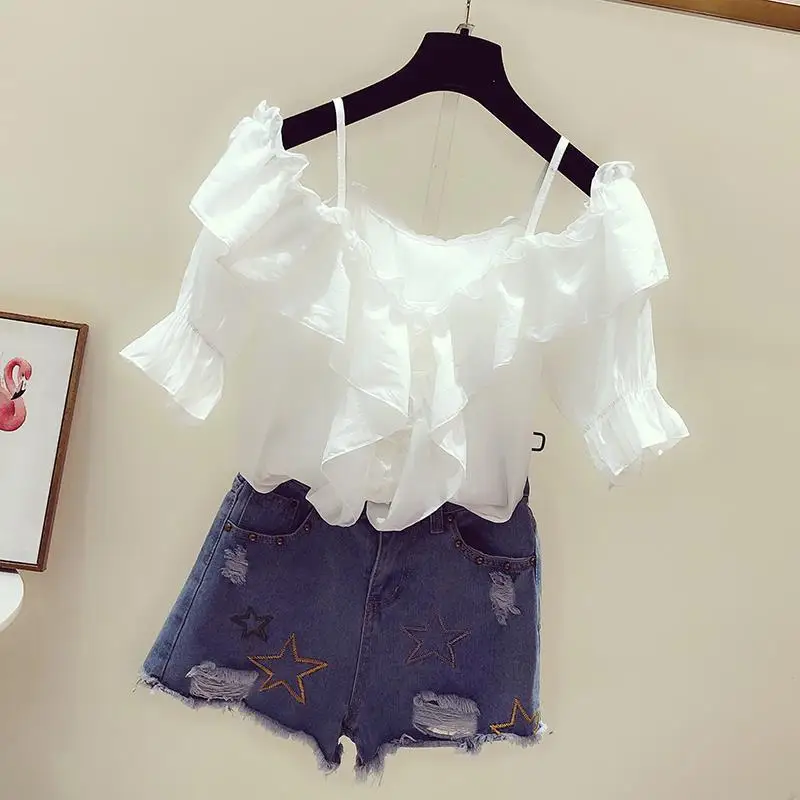 

Elegant Pleated White Shirt Tops Summer New Off Shoulder Short Sleeve Solid Color Loose Blouse Temperament Sweet Women Clothing