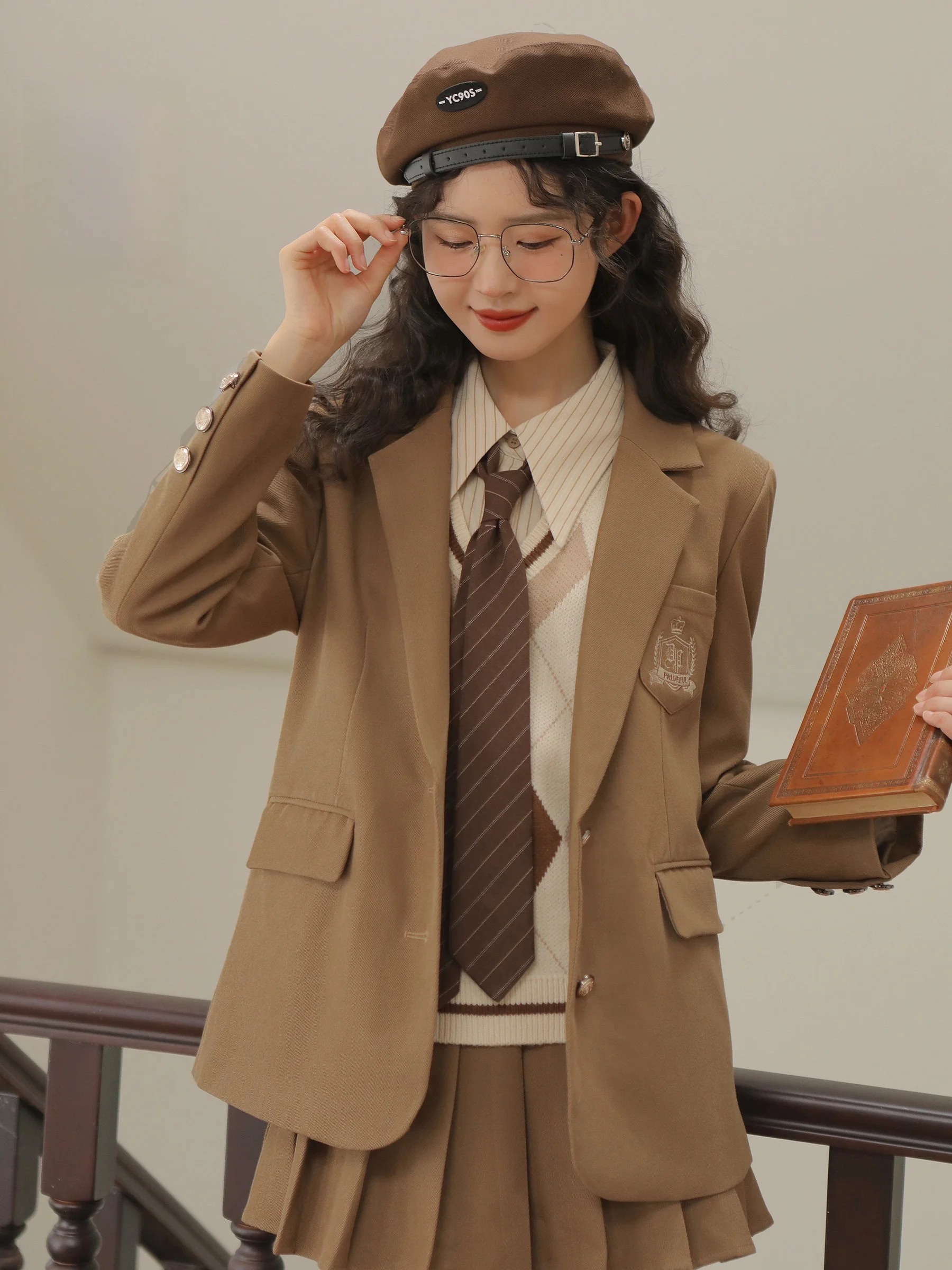 

Lingjiu 2025, новинка цвета хаки, свободный повседневный женский костюм Briti College Sle Jaet, весна-осень, милый прямой костюм, прямая трубка pe