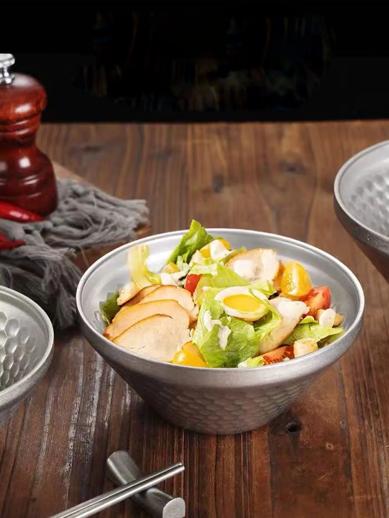 Retro 304 Stainless Steel V-Shaped Bowl, Salad Bowl, Hammered Bowl, Cold Noodle Bowl, Conical Bowl, Dessert Ice Bowl, Shaved Ice Bowl, 1 Piece
