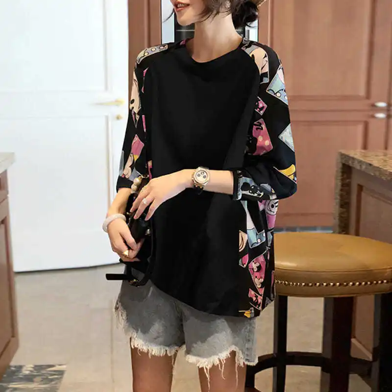 Korean Fashion Printed Patchwork Pullovers Spring Autumn New Casual 3/4 Sleeve Loose Female Clothing Commute Round Neck T-shirt