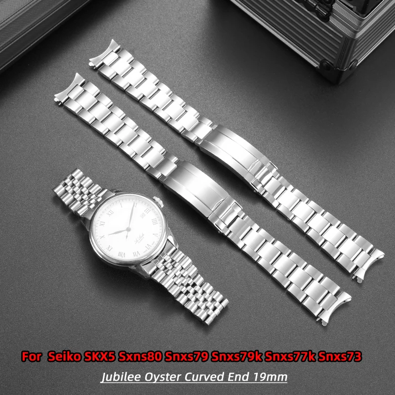 19 mm gebogenes Ende gebürstetes Armband für SEIKO Skx5 Sxns80 Snxs79 Snxs77k Edelstahl Jubilee Oyster Middle Bright Uhrenarmband