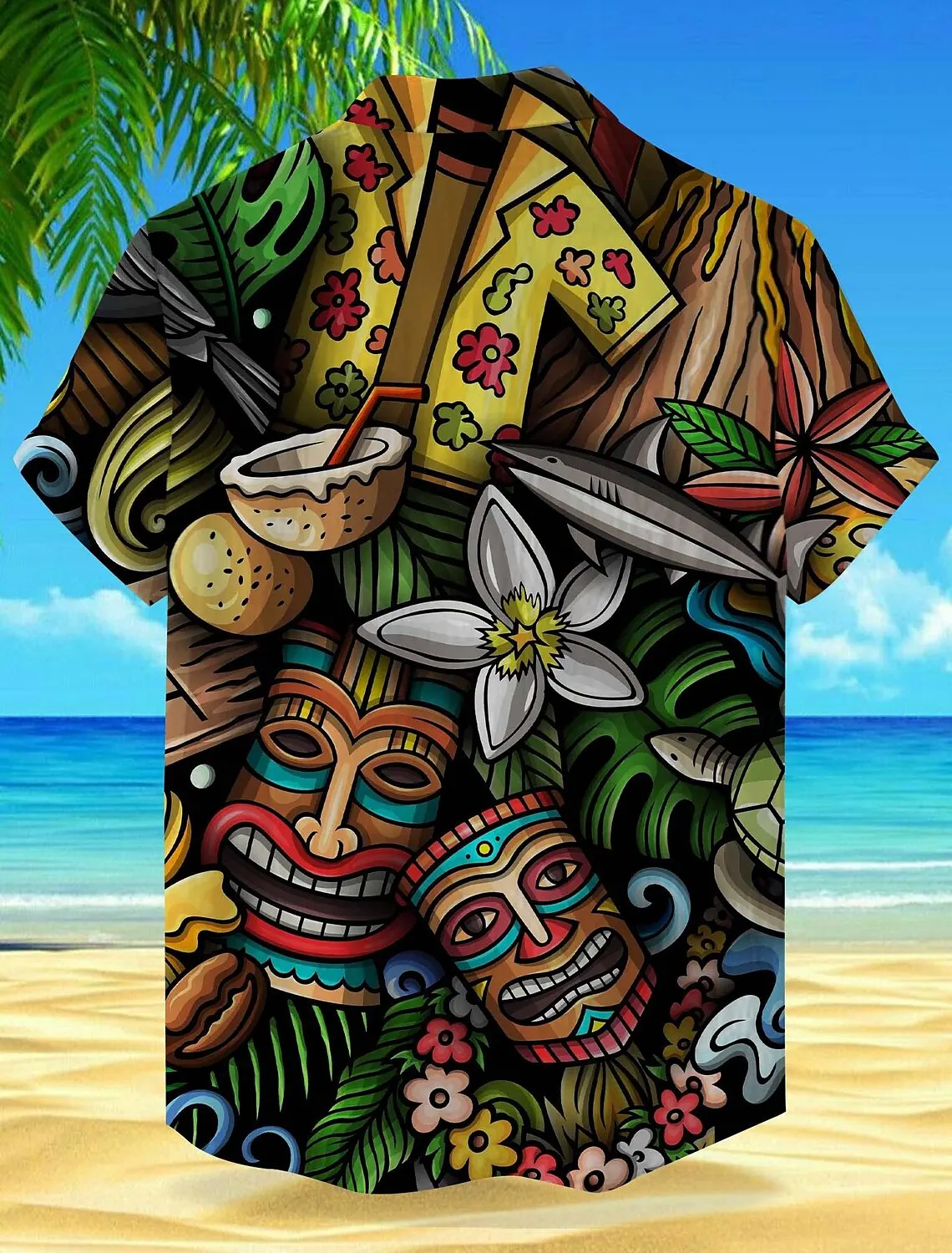 Floral Tropical Mask Vacation Hawaiian Men's Shirt Outdoor Hawaiian Holiday Summer Turndown Short Sleeve Mint Green Tiki Shirts