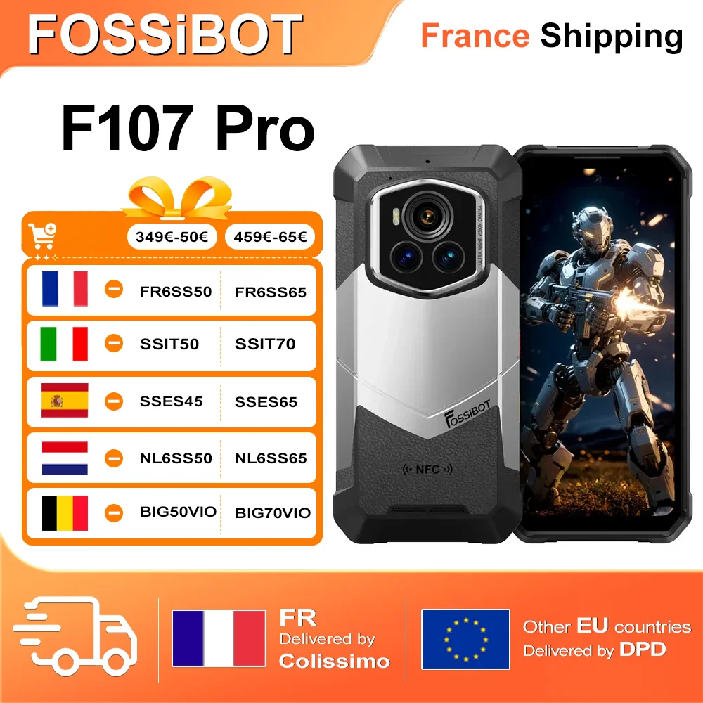 Fossibot F107 Pro 5G téléphone portable robuste 30GB(12 +18) + 512GB Android 15 28000mAh 66W 200MP + 32MP NFC/GPS double lampes de poche lumineuses