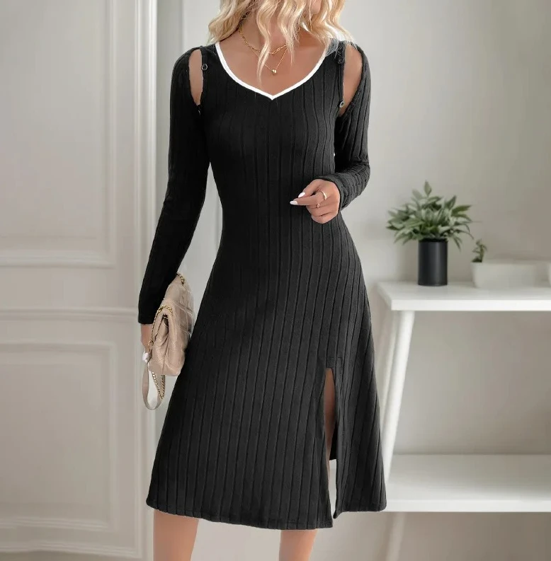 

New Autumn Winter Sexy Elegant Style Detachable Long-sleeved V-neck Black Knitted Dress