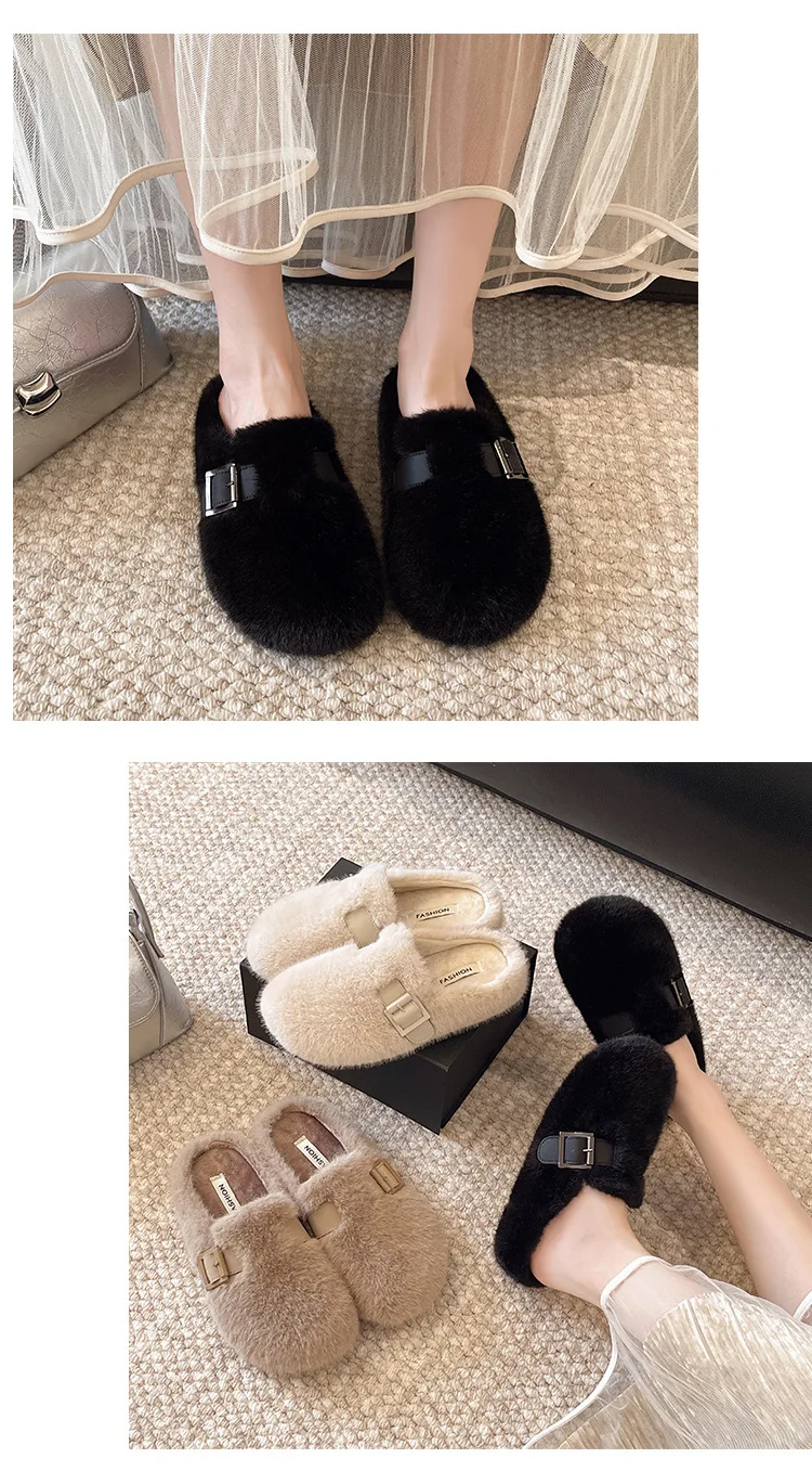 Weiche Teddyfell-Mule-Clogs für Damen, warme Plüsch-Slides für den Winter, flauschige Boken-Schuhe im Markendesign – Detail 10