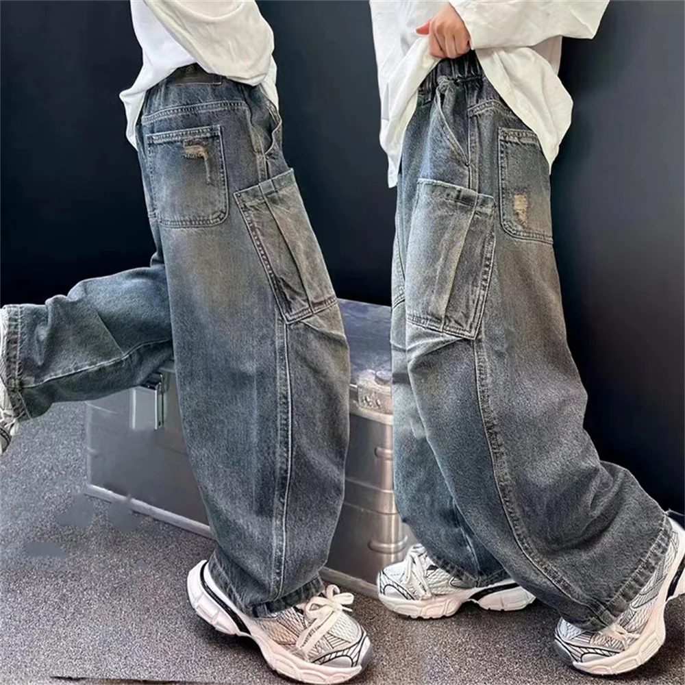 9720 Korean Version Of Boys Street Dance Jeans Wide Leg Pants Children\'s Side Pockets Kid Jeans Denim Cargo Pants