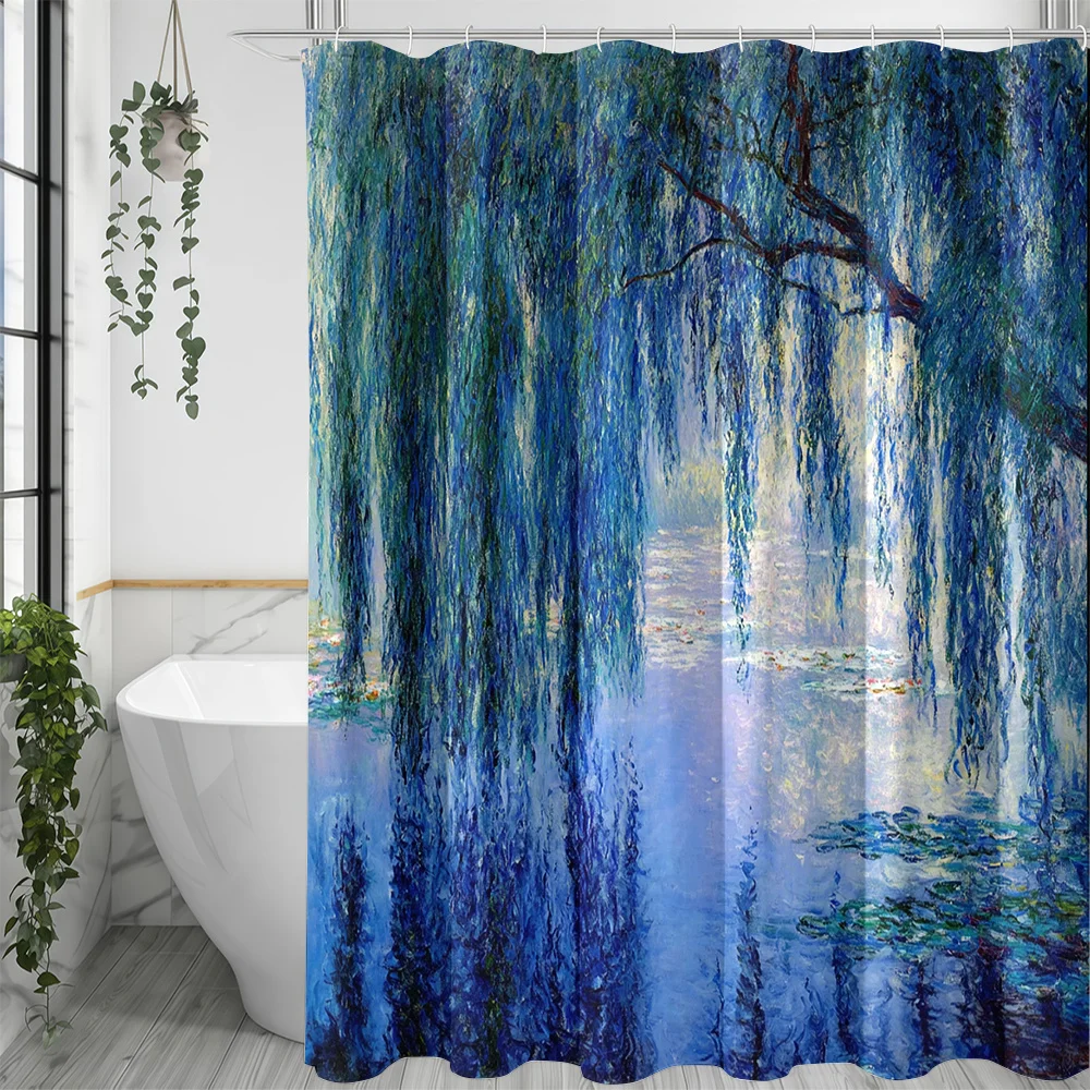 1pc Monet Blue Water Lily And 'Pond with Weeping Willows' Shower Curtain, 12 Hooks Included, Suitable for Windows And Walls, Bat