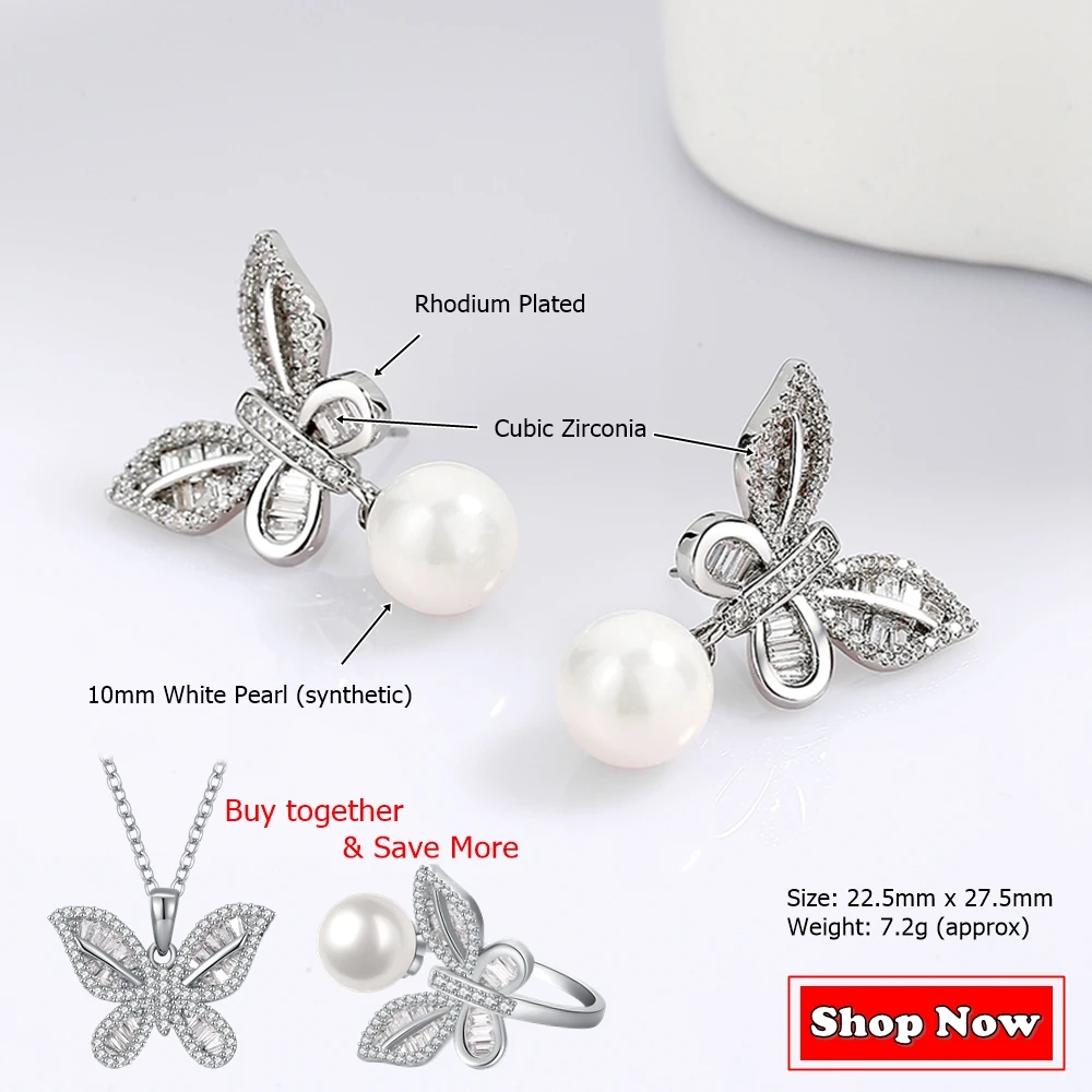 Trendy New Dreamcarnival1989  Butterfly Pearl Drop Earrings  For Women Clear White Zircon Anniversary Engagement Jewelry WE4205