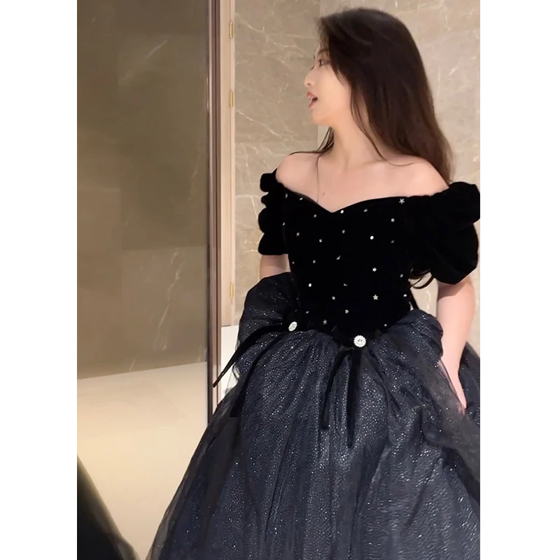 Evening Dress Women's Banquet Temperament Black Pettiskirt French Entry Niche Host Art Exam High Sense off-Shoulder