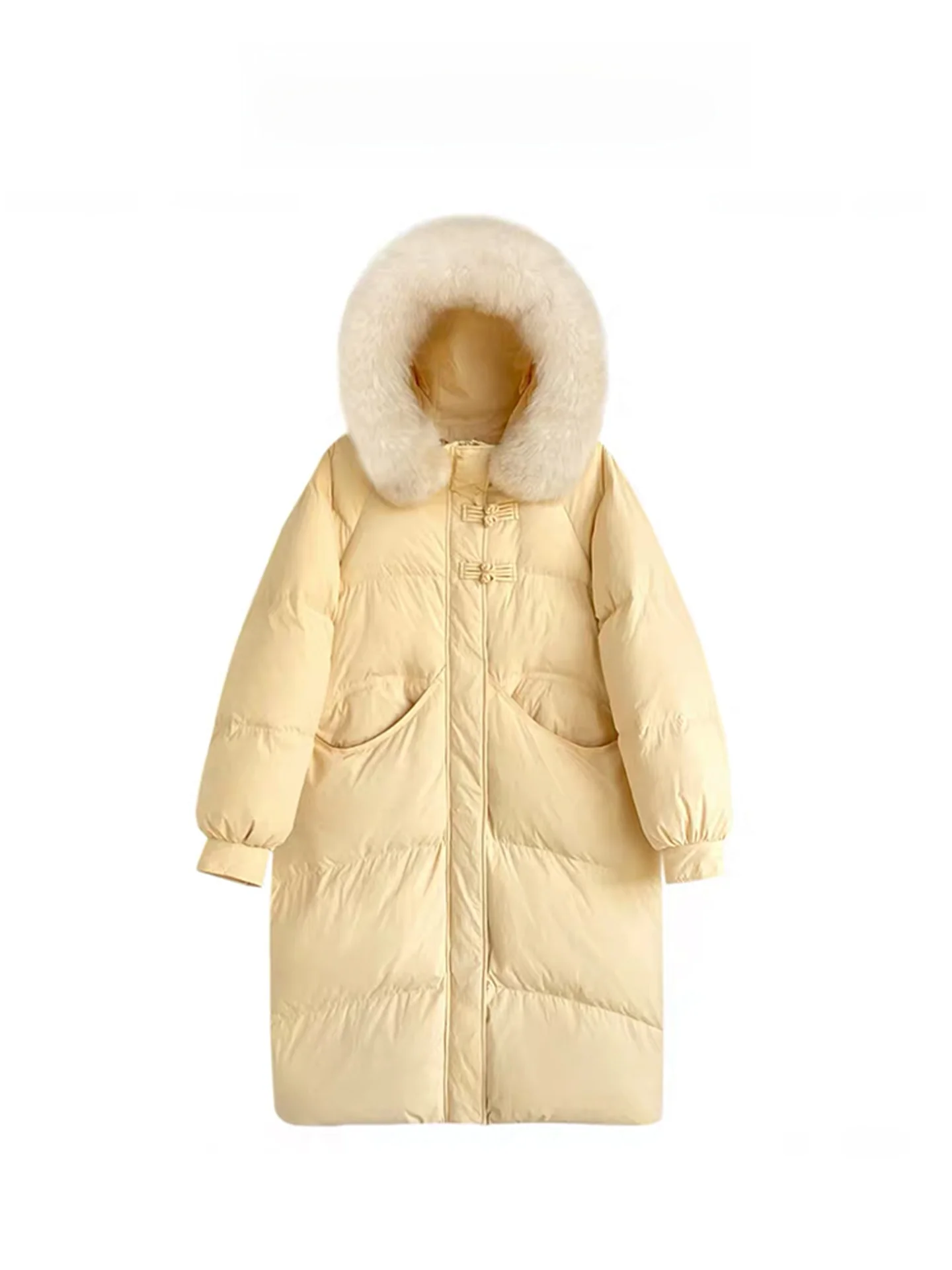 

Женское зимнее пальто из хлопка Thiened down с большим меховым воротником, теплая верхняя одежда длиной до колена с капюшоном и хлопковой подкладкой