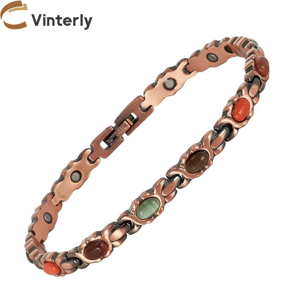 Vinterly Pure Copper Bracelets Women Magnetic Therapy Vintage Artificial Cat Eye Benefits Chain Jewelry Metal Green Stone Magnet