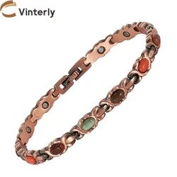 Vinterly Pure Copper Bracelets Women Magnetic Therapy Vintage Artificial Cat Eye Benefits Chain Jewelry Metal Green Stone Magnet