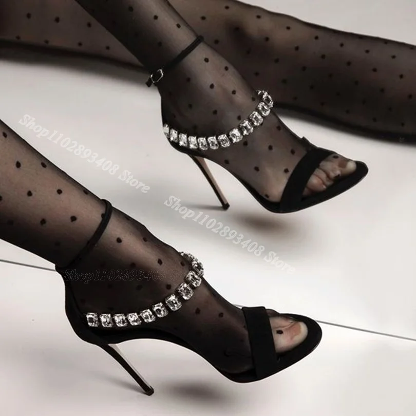 

Black Crystal Decor Flock Stiletto Sandals Open Toe Ankle Buckle Stiletto Summer Dress Banquet Women Shoes Zapatos Para Mujere