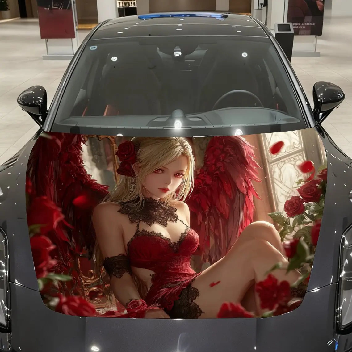 

Red Rose Winged Goddess Car Vinyl Wrap, PVC Material Waterproof Car Hood Sticker, Self-Adhesive Scratch-Resistant Stickers for E